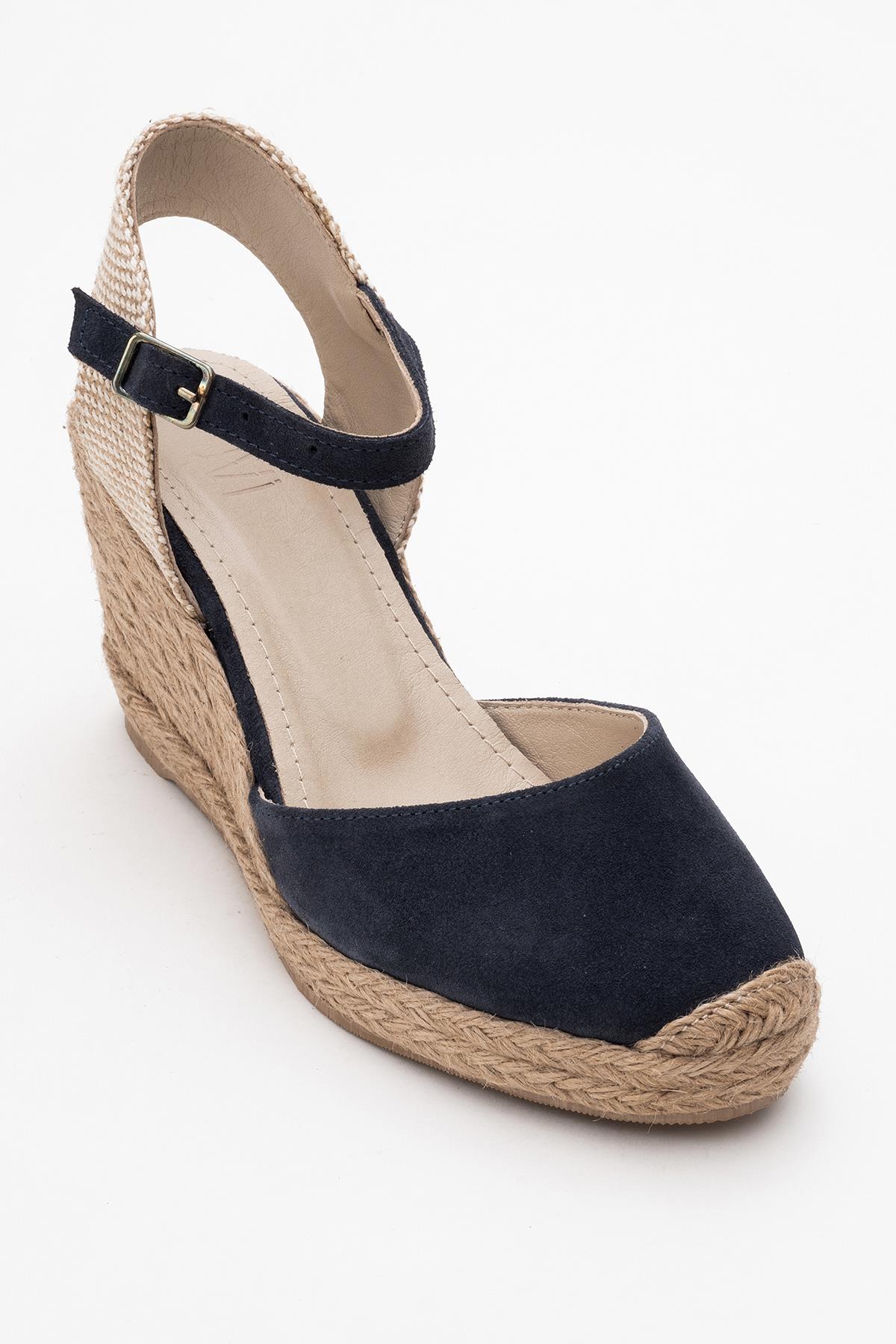 Sinta - Navy Suede Leather Platform Espadrille – top view showing leather, suede, Vowalisse