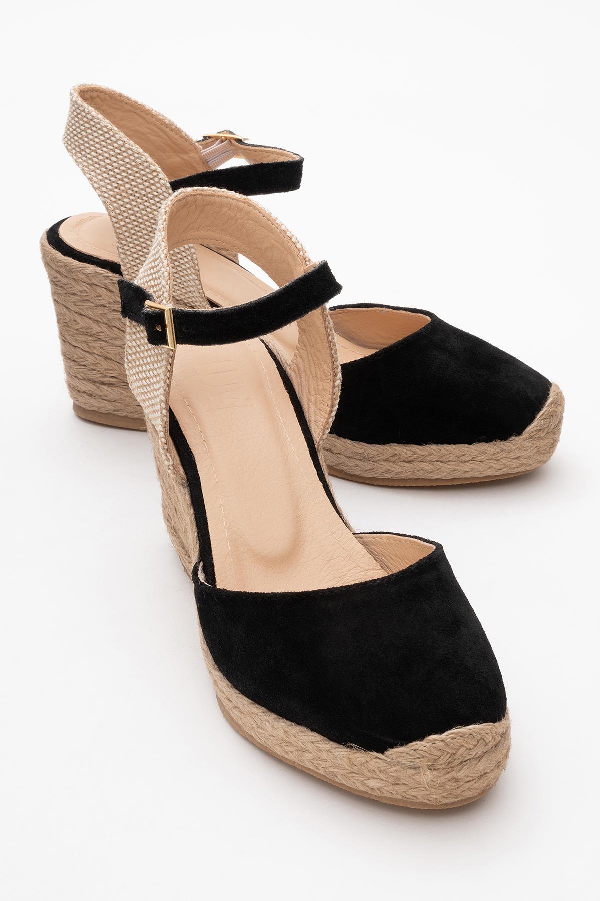 Sinta - Black Suede Leather Platform Espadrille – front three-quarter view showing leather, suede, black, Vowalisse