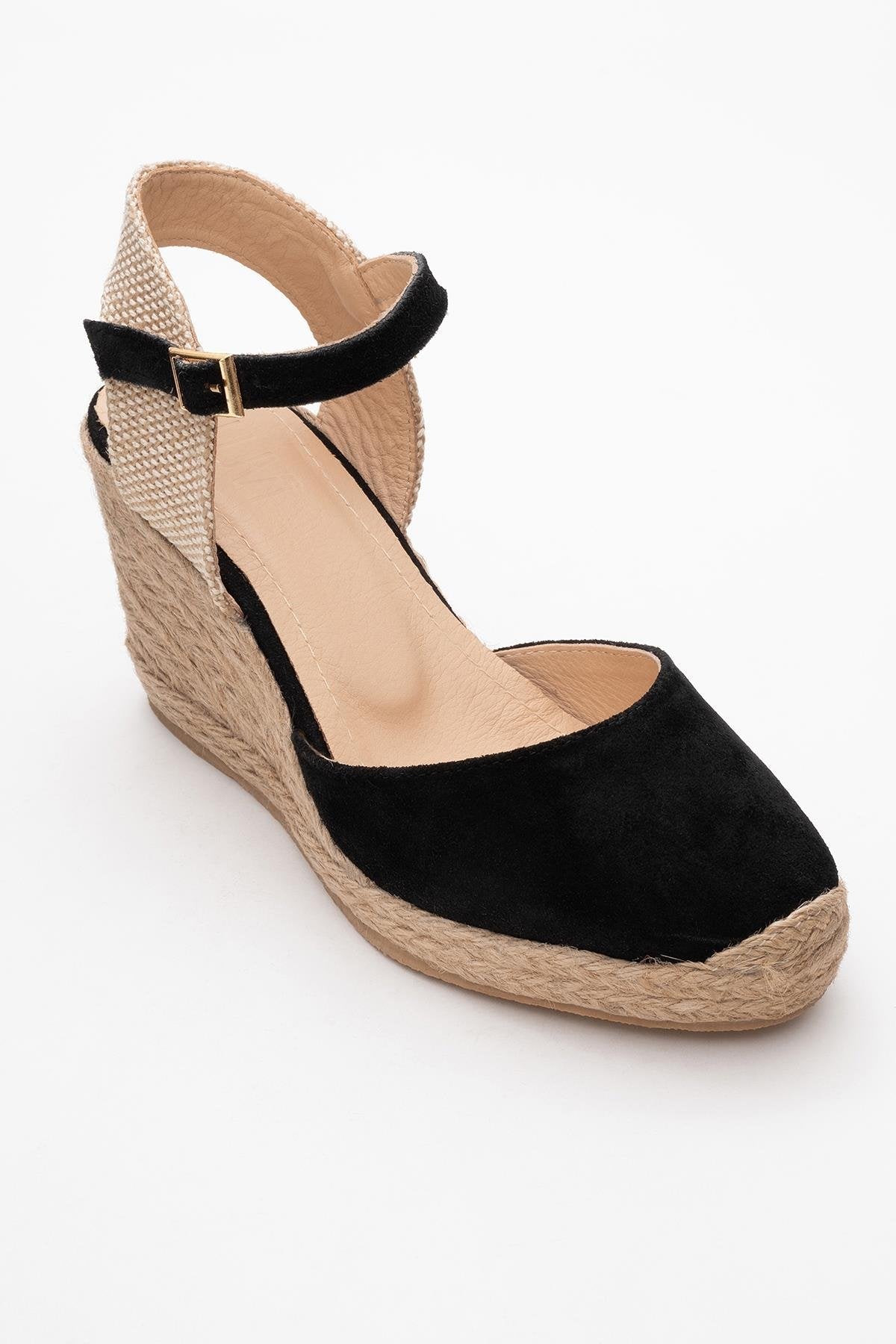 Sinta - Black Suede Leather Platform Espadrille – detail view showing leather, suede, black, Vowalisse