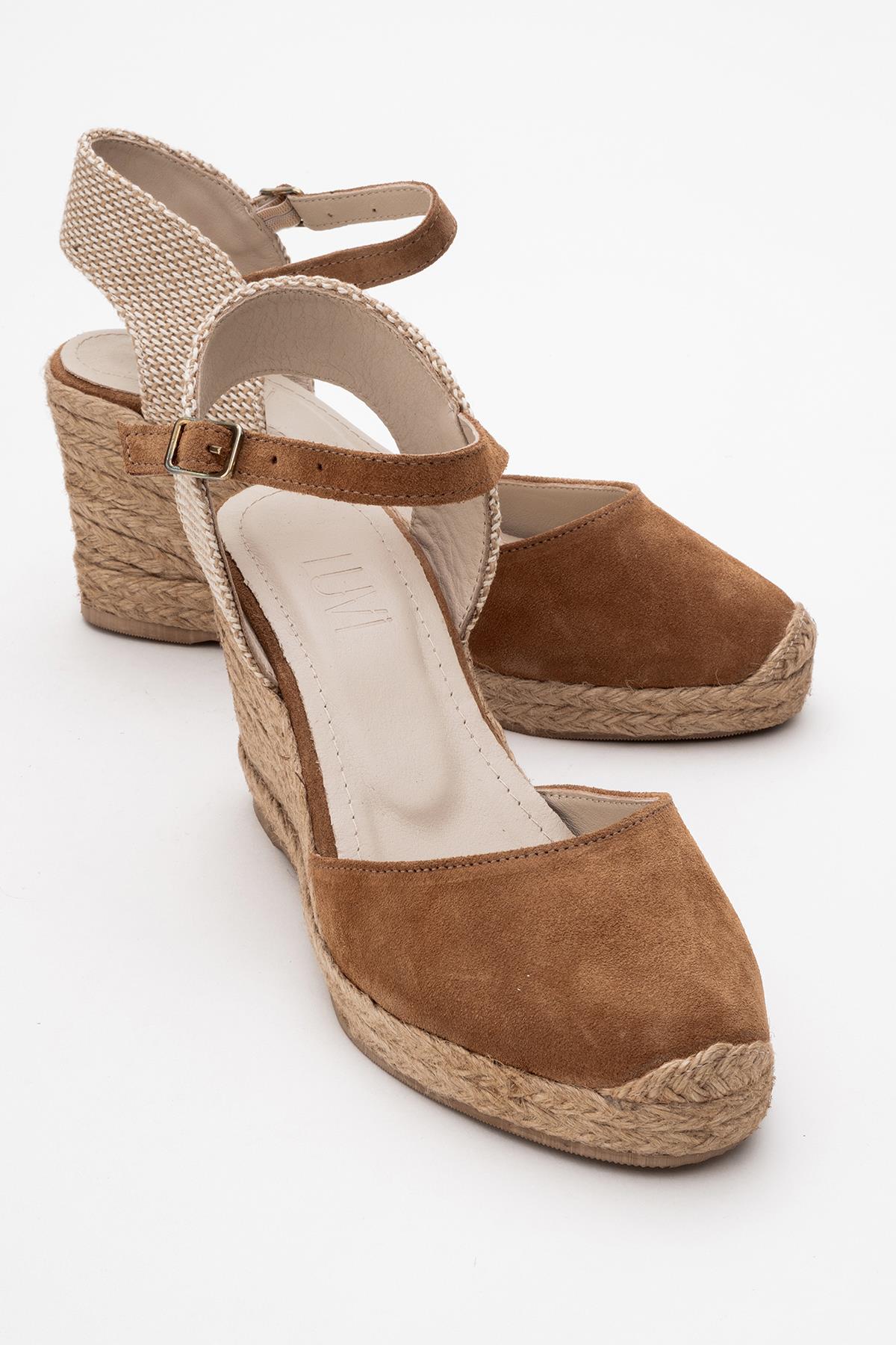 Sinta - Cognac Brown Suede Leather Platform Espadrille – front three-quarter view showing leather, suede, Vowalisse