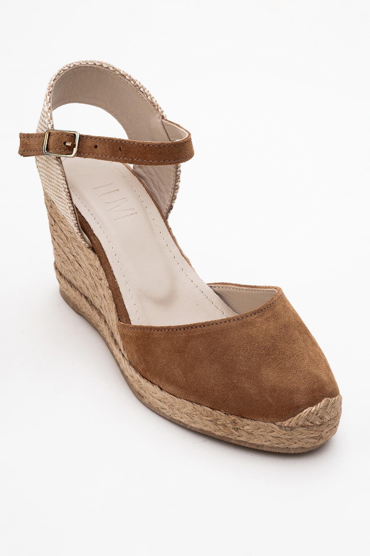 Sinta - Cognac Brown Suede Leather Platform Espadrille – detail view showing leather, suede, Vowalisse