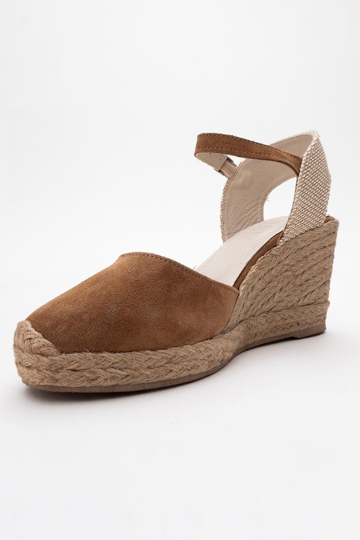 Sinta - Cognac Brown Suede Leather Platform Espadrille – heel view showing leather, suede, Vowalisse