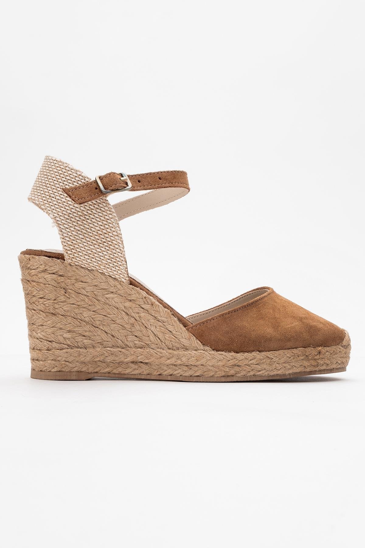Sinta - Cognac Brown Suede Leather Platform Espadrille – back view showing leather, suede, Vowalisse