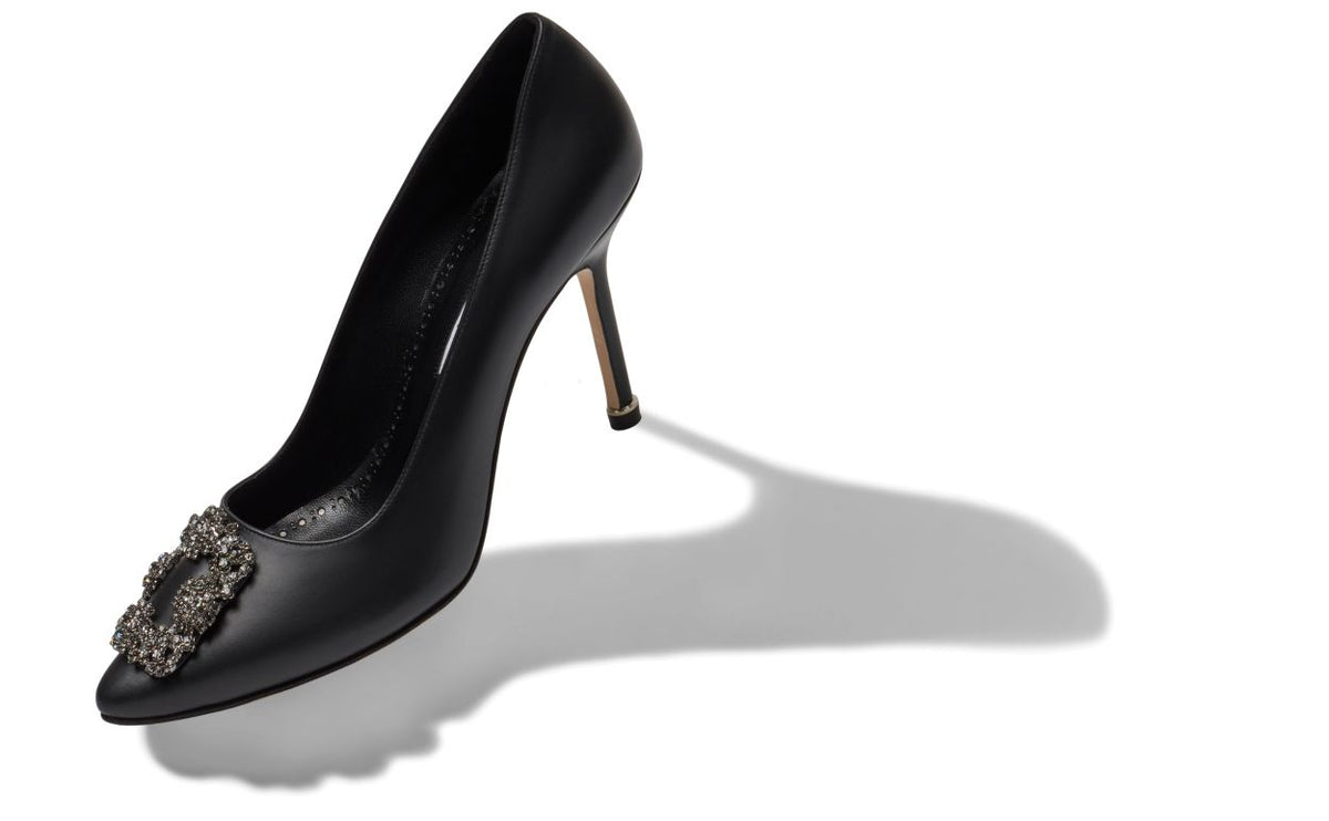 Camellia Crown Black Jewel Buckle Pumps – front three-quarter view showing black jewel buckle, crystal buckle, almond toe…