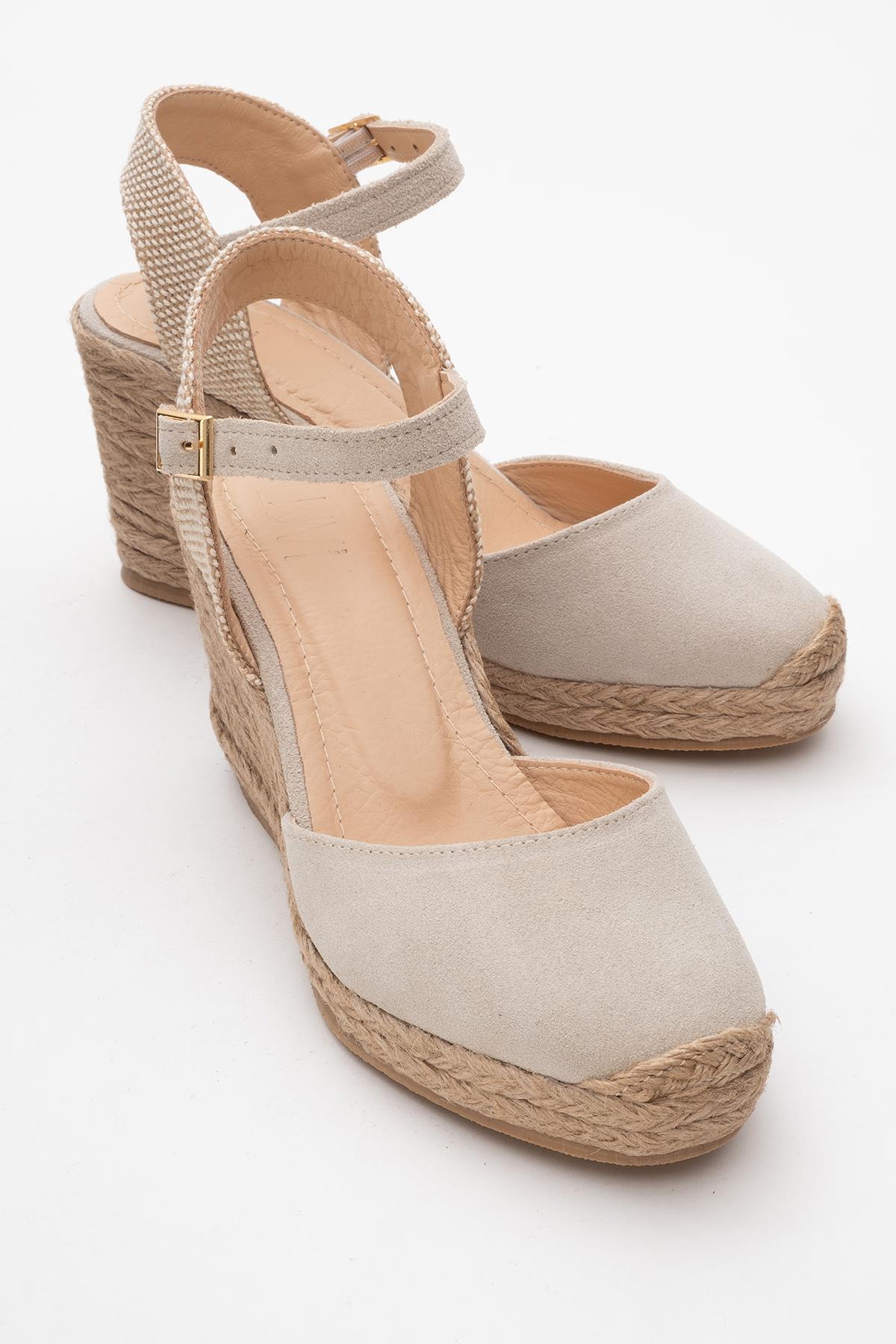 Sinta - Beige Suede Leather Platform Espadrille – front three-quarter view showing leather, suede, Vowalisse