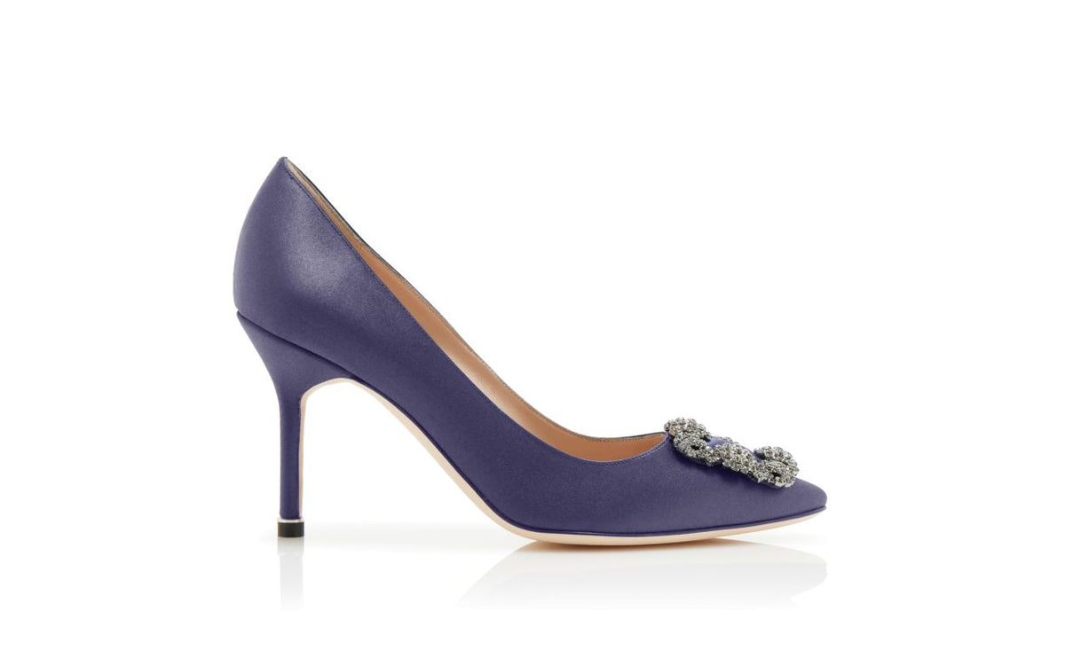 Genevieve Dream Blue Jewel Buckle Pumps – side profile showing blue jewel buckle, crystal buckle, almond toe, satin…