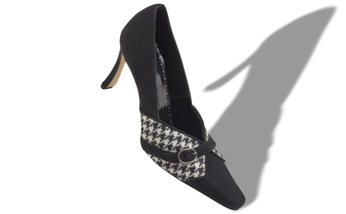 Evangeline Shine Black Almond Toe Pumps – front three-quarter view showing black almond toe, suede, Vowalisse