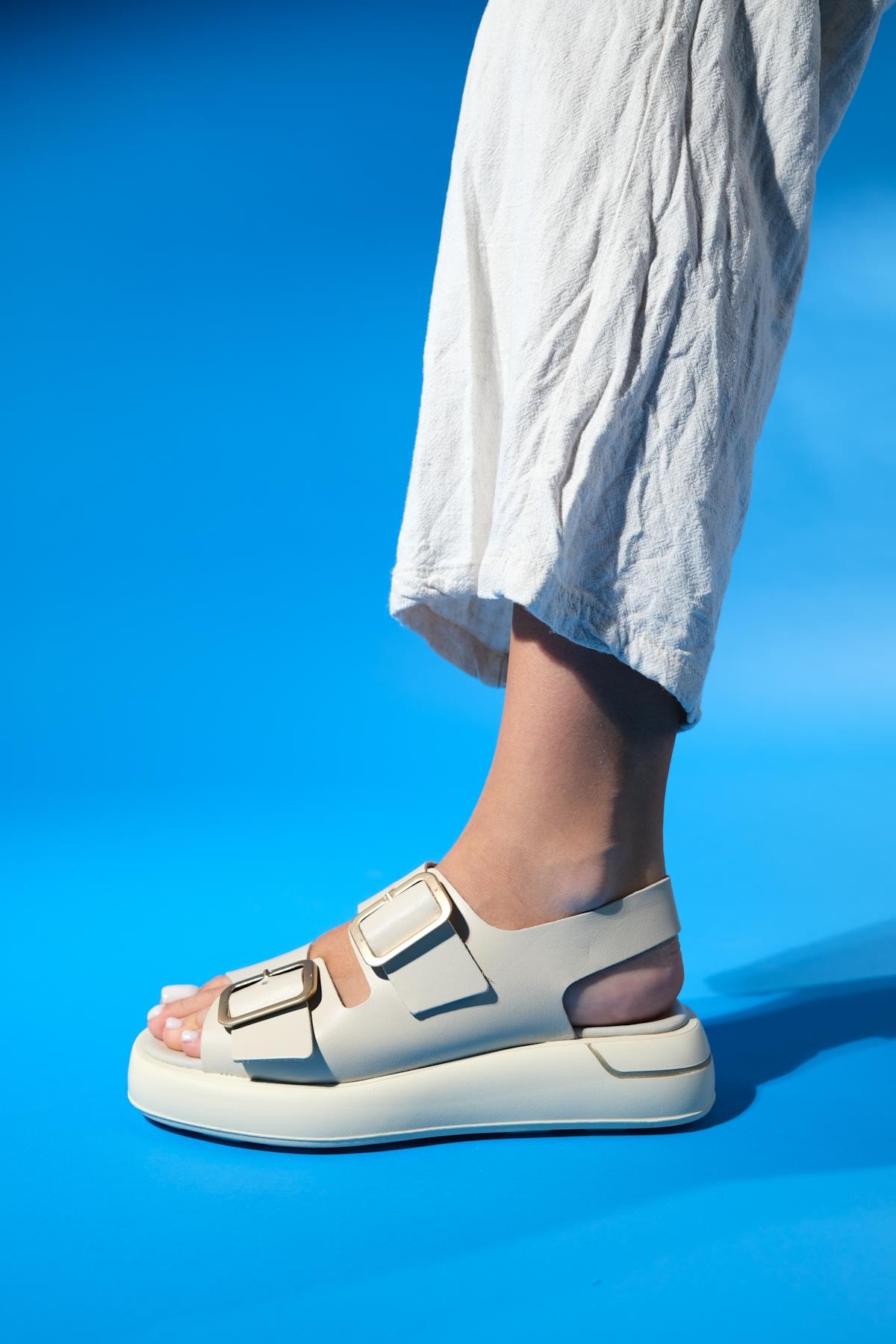 Furis - Beige Genuine Leather Sandal – top view showing leather, Vowalisse