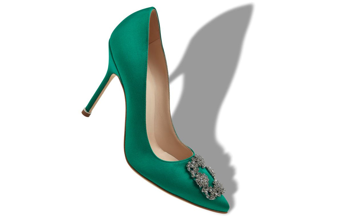 Elara Belle Green Jewel Buckle Pumps – front three-quarter view showing green jewel buckle, crystal buckle, almond toe…