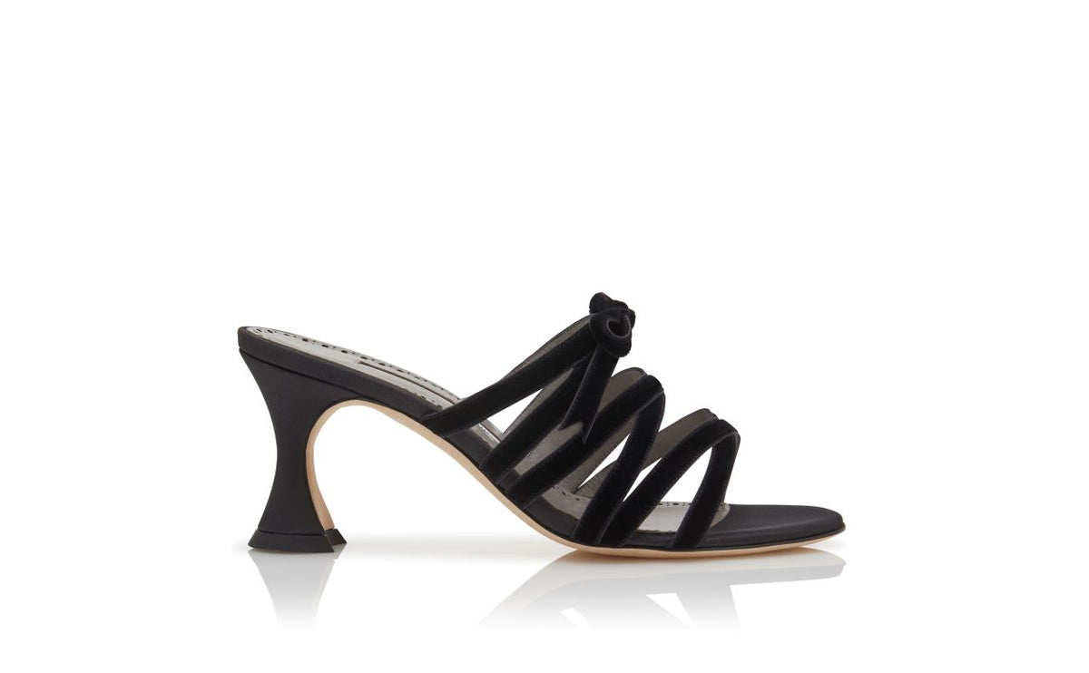 Odette Halo Black Bow Detail Mules – side profile showing black bow detail, open toe, velvet, Vowalisse