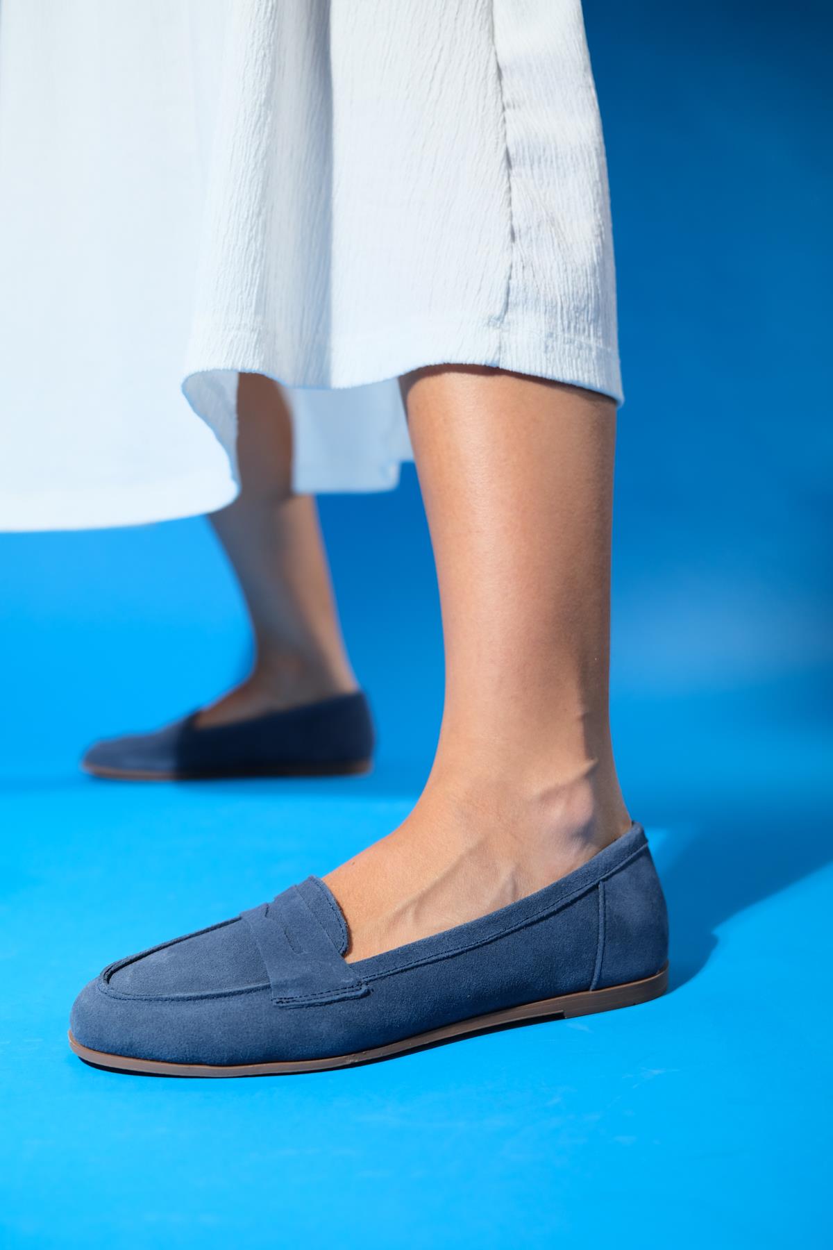 Dorothy - Navy Blue Suede Leather Loafers – top view showing leather, suede, blue, Vowalisse