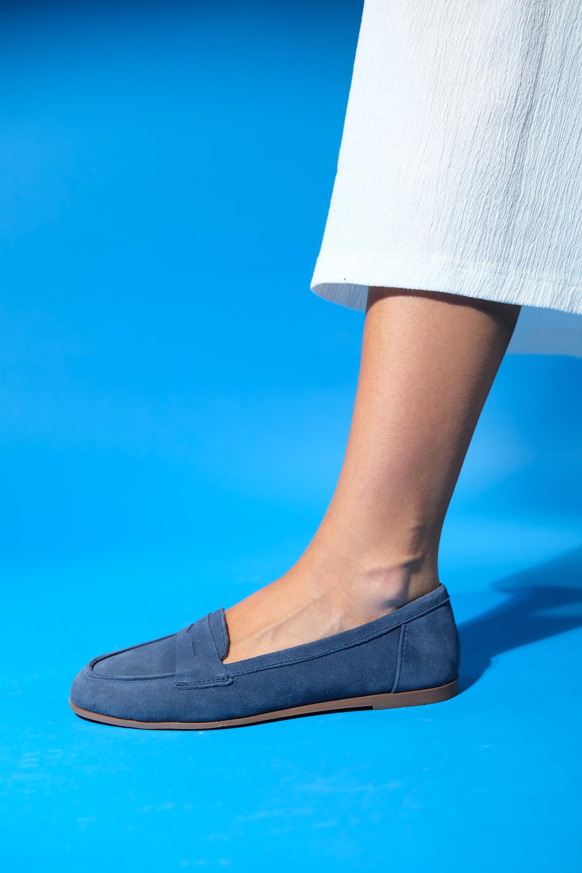 Dorothy - Navy Blue Suede Leather Loafers – sole view showing leather, suede, blue, Vowalisse