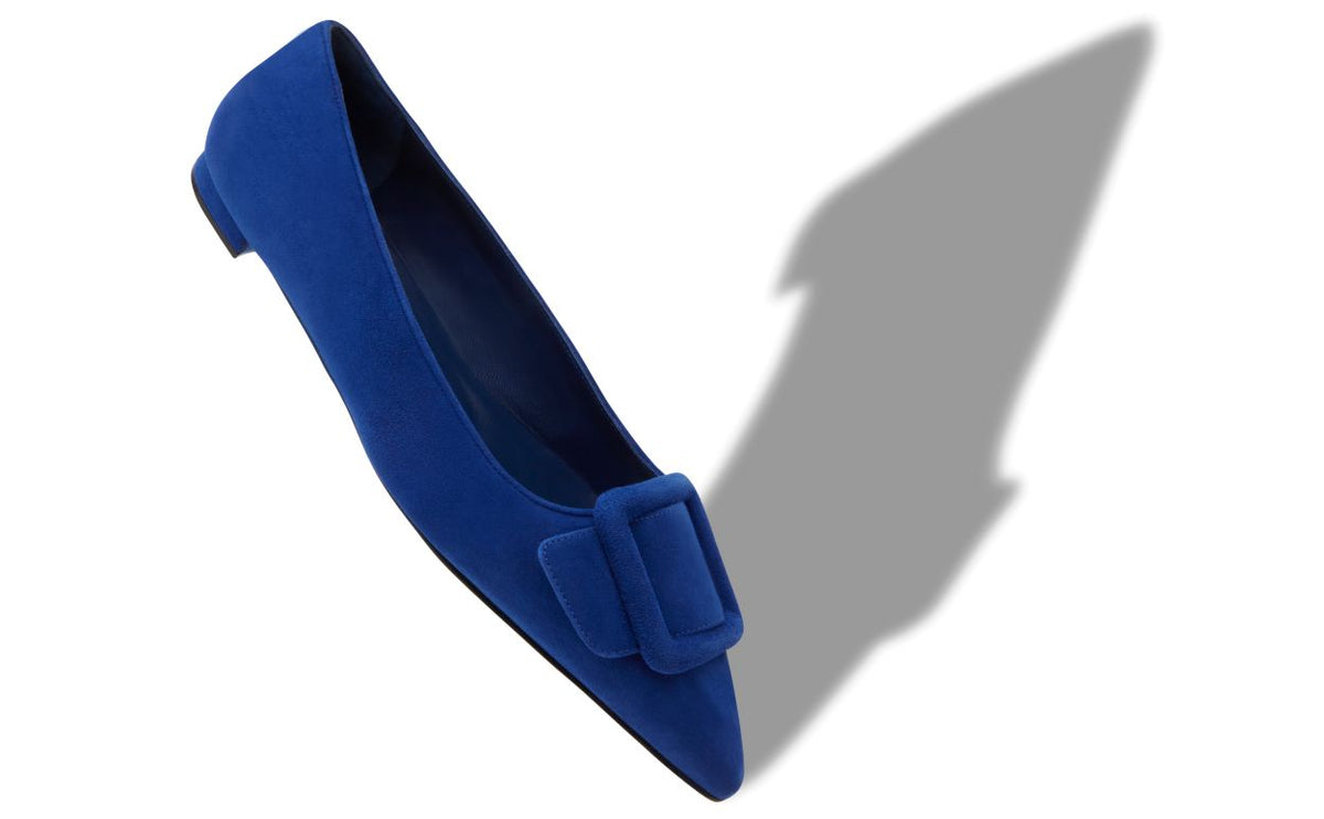 Alessia Grace Blue Almond Toe Pumps – front three-quarter view showing blue almond toe, suede, Vowalisse