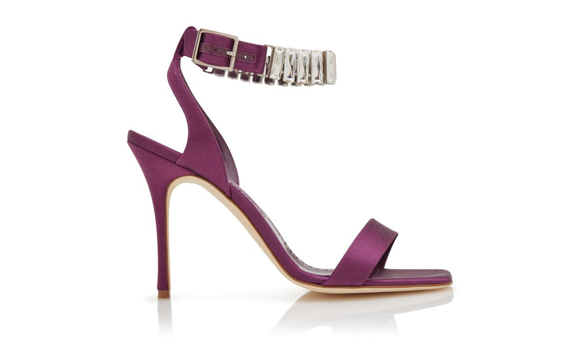 Lucienne Shine Purple Crystal Embellished Ankle-Strap Shoes – side profile showing purple crystal embellished, ankle strap…