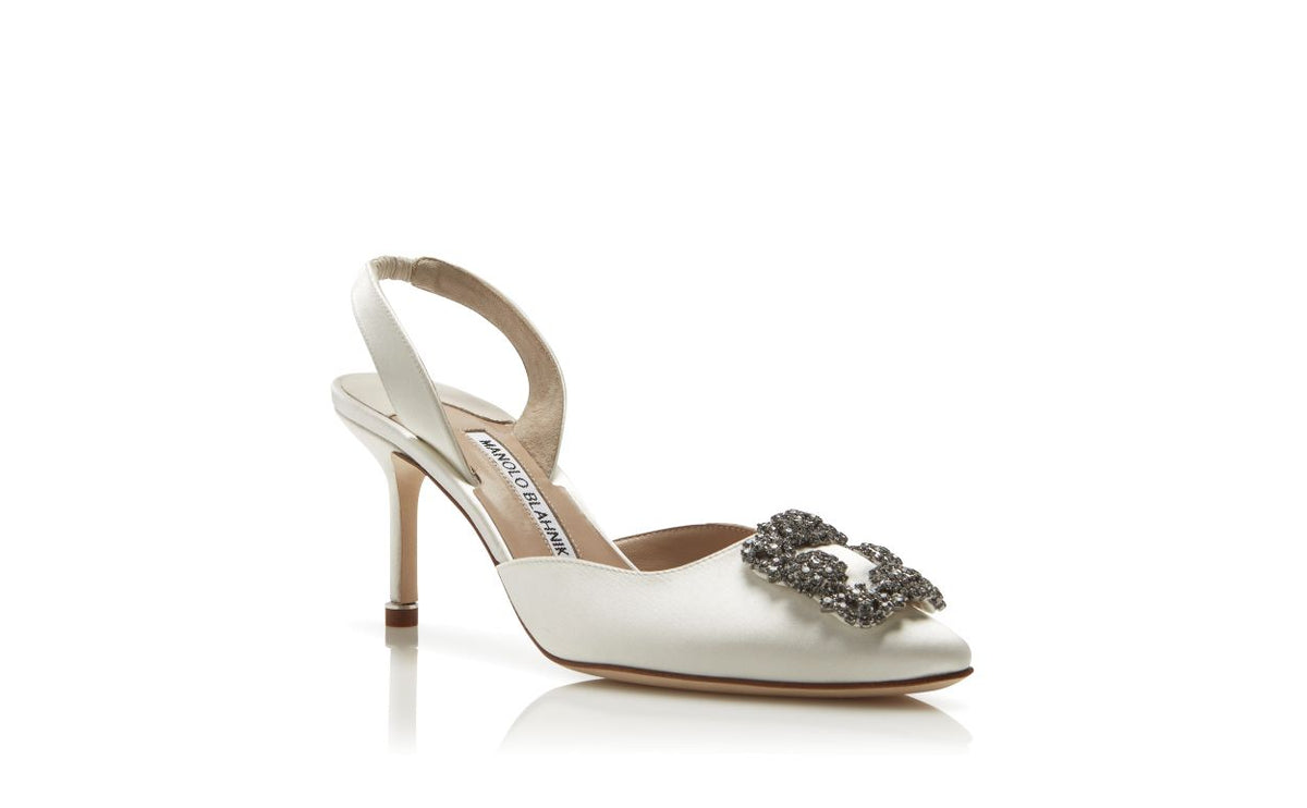 Arabella Belle White Jewel Buckle Slingbacks – top view showing white jewel buckle, crystal buckle, ankle strap, slingback…