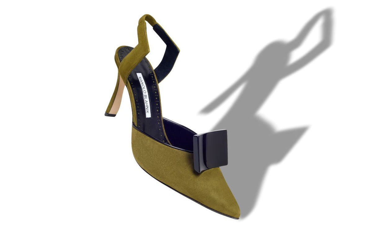 Emmeline Rose Green Slingback Slingbacks – front three-quarter view showing green slingback, pointed toe, suede, patent…