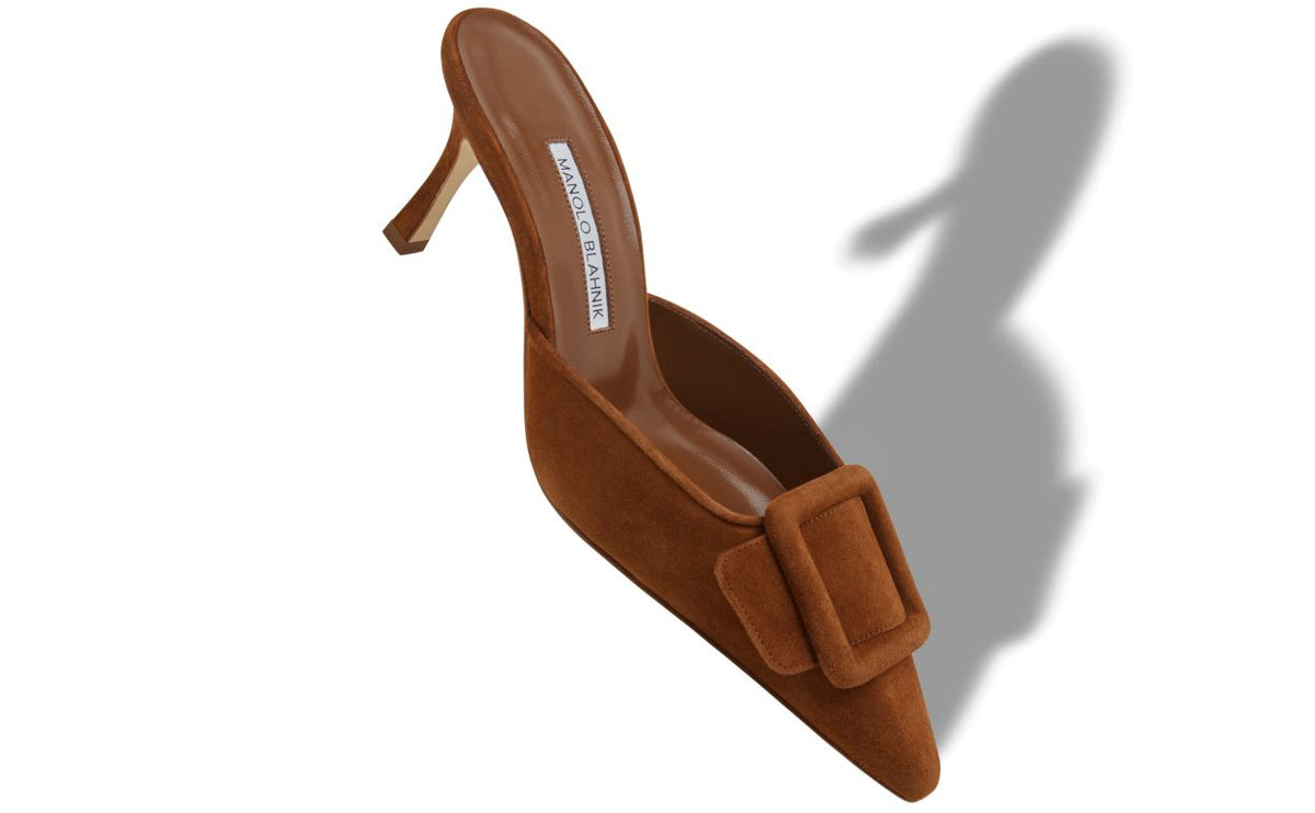 Colette Pearl Brown Pointed Toe Mules – front three-quarter view showing brown pointed toe, suede, Vowalisse