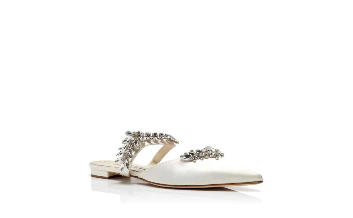 Valentina Lace White Crystal Embellished Mules – top view showing white crystal embellished, pointed toe, satin, Vowalisse