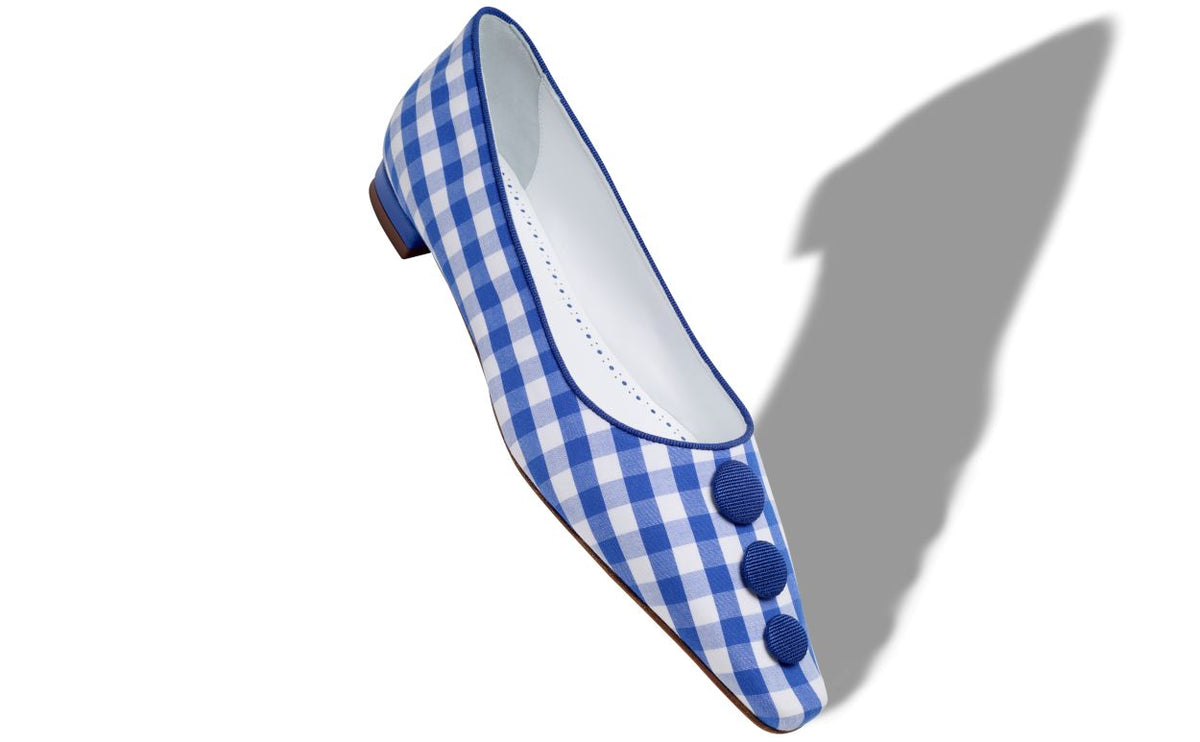 Clarisse Lace Blue Button Detail Pumps – front three-quarter view showing blue button detail, almond toe, Vowalisse