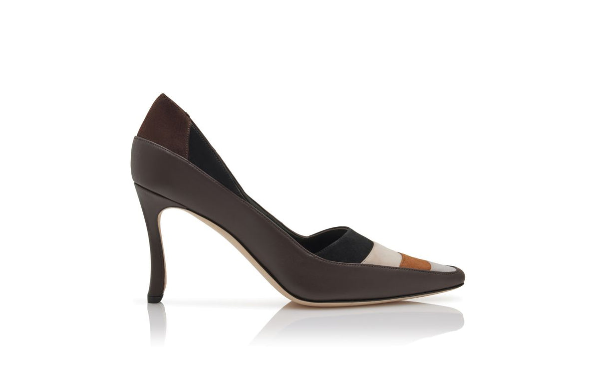 Ophelia Shine Brown Almond Toe Pumps – side profile showing brown almond toe, suede, nappa leather, Vowalisse