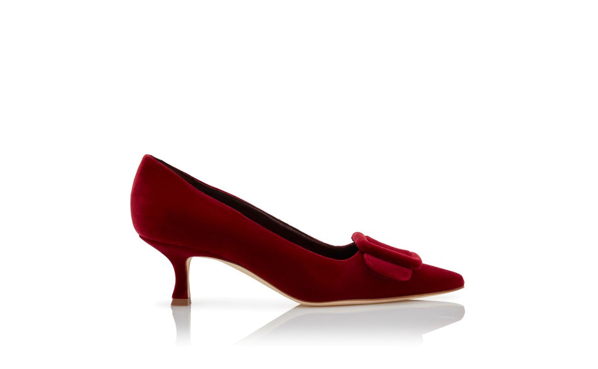 Leonora Flame Red Almond Toe Pumps – side profile showing red almond toe, velvet, Vowalisse