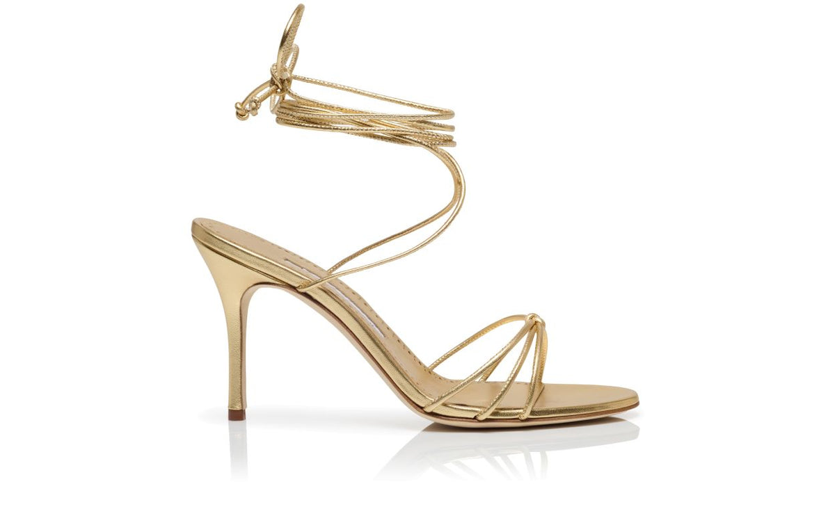Cressida Jewel Gold Ankle Strap Ankle-Strap Shoes – side profile showing gold ankle strap, open toe, nappa leather, lace…