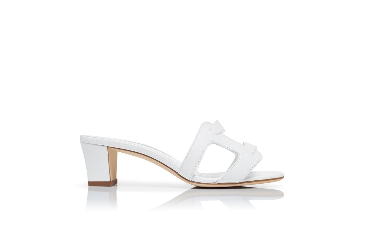 Evangeline Muse White Open Toe Mules – side profile showing white open toe, nappa leather, Vowalisse