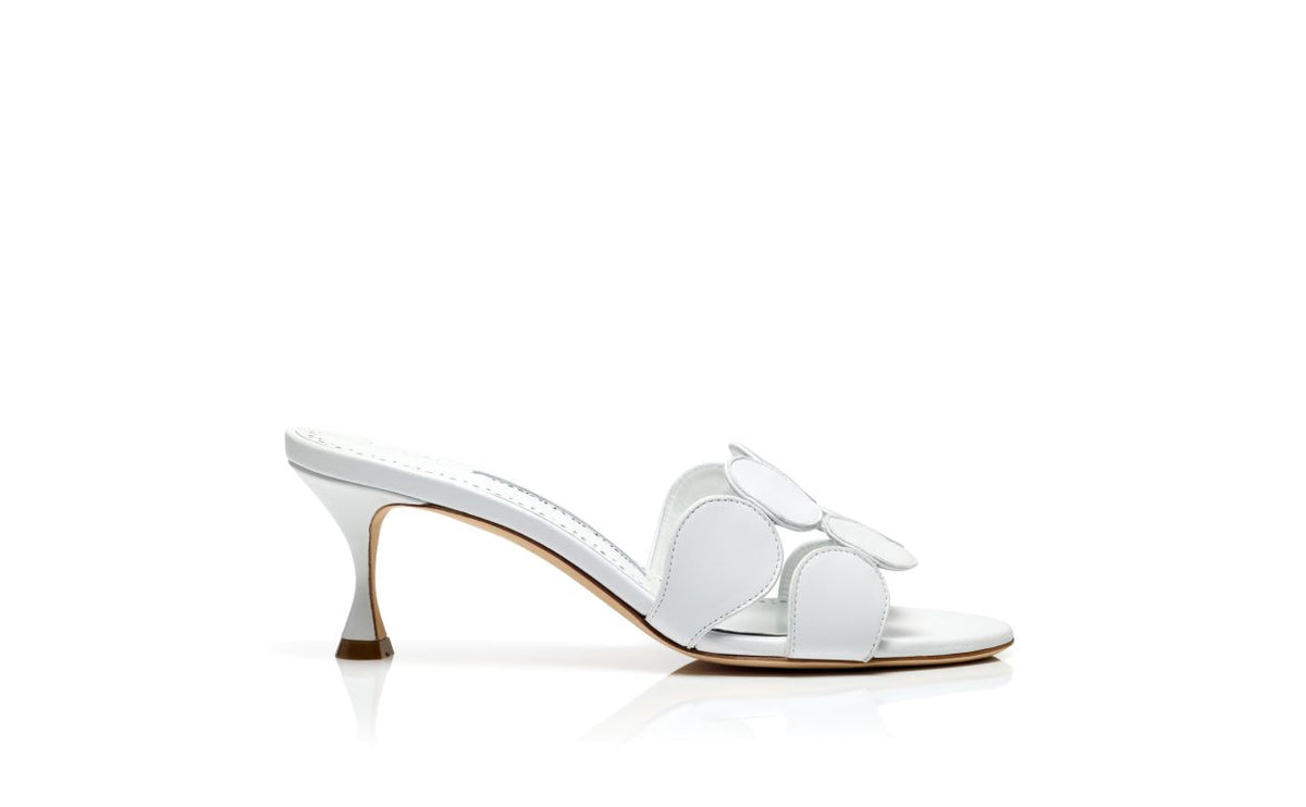 Genevieve Élan White Open Toe Mules – side profile showing white open toe, nappa leather, Vowalisse