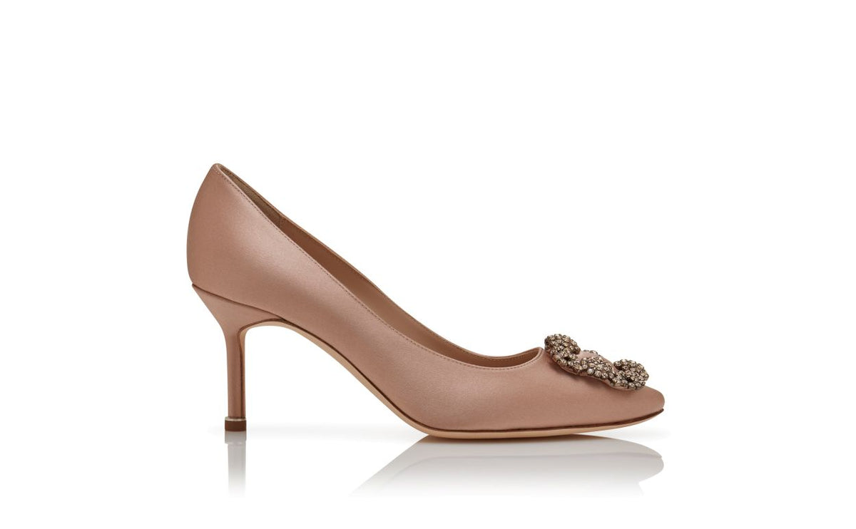 Juliette Dream Neutral Jewel Buckle Pumps – side profile showing neutral jewel buckle, crystal buckle, almond toe, satin…