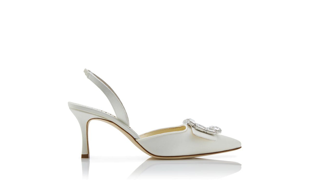 Aurelia Jewel White Crystal Buckle Slingbacks – side profile showing white crystal buckle, slingback, pointed toe, satin…