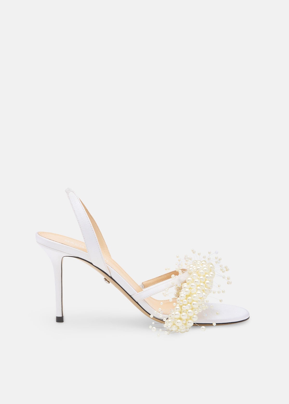 Eloise White Floating Pearl Sandals – front three-quarter view showing floating pearl, satin, white, Vowalisse
