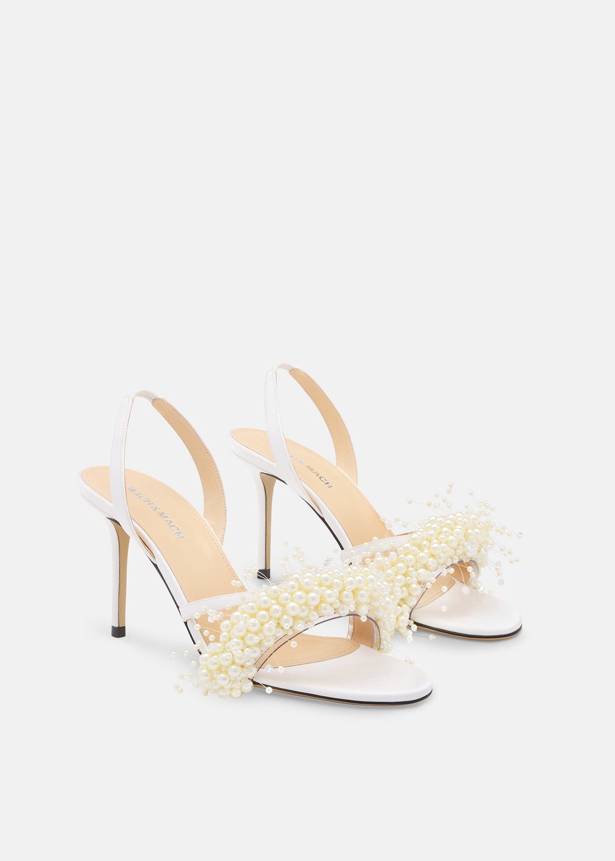 Eloise White Floating Pearl Sandals – side profile showing floating pearl, satin, white, Vowalisse