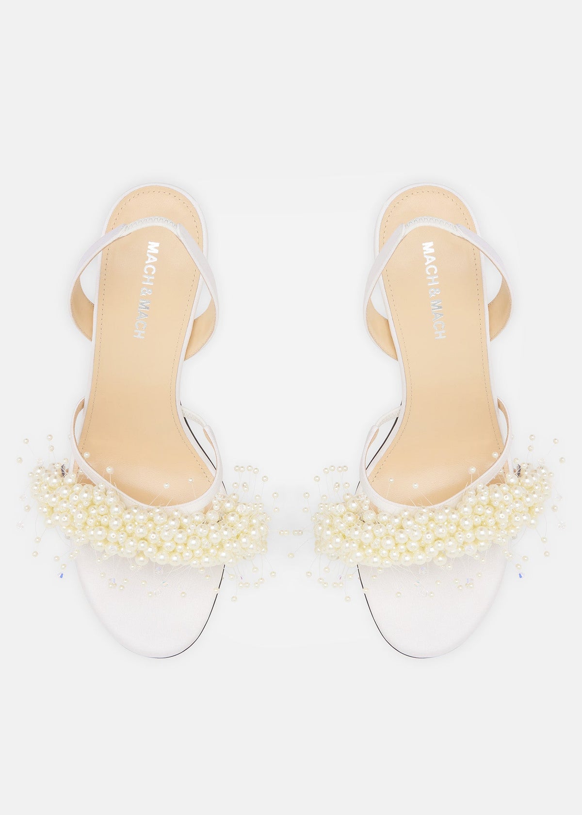 Eloise White Floating Pearl Sandals – crystal detail view showing floating pearl, satin, white, Vowalisse