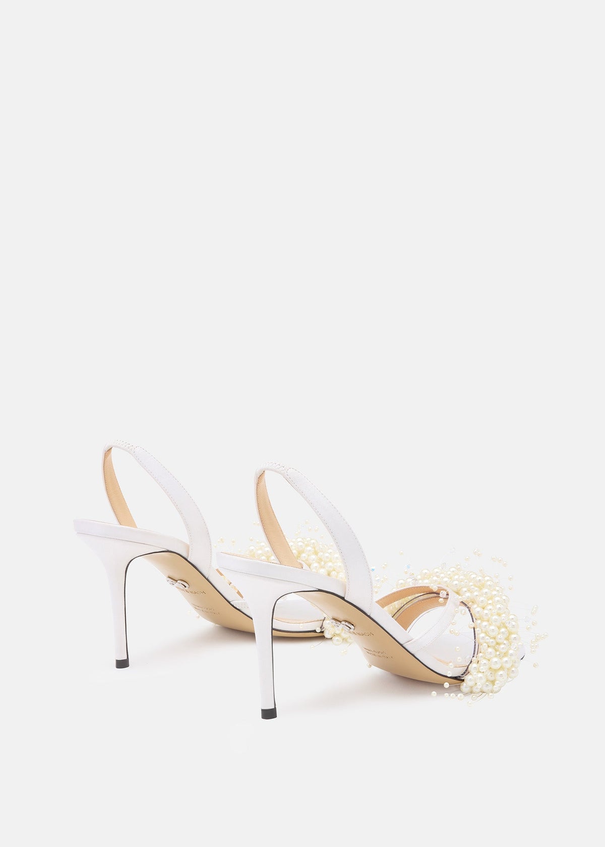 Eloise White Floating Pearl Sandals – heel view showing floating pearl, satin, white, Vowalisse
