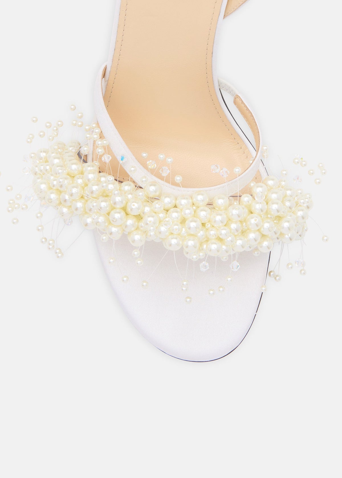 Eloise White Floating Pearl Sandals – rear view showing floating pearl, satin, white, Vowalisse