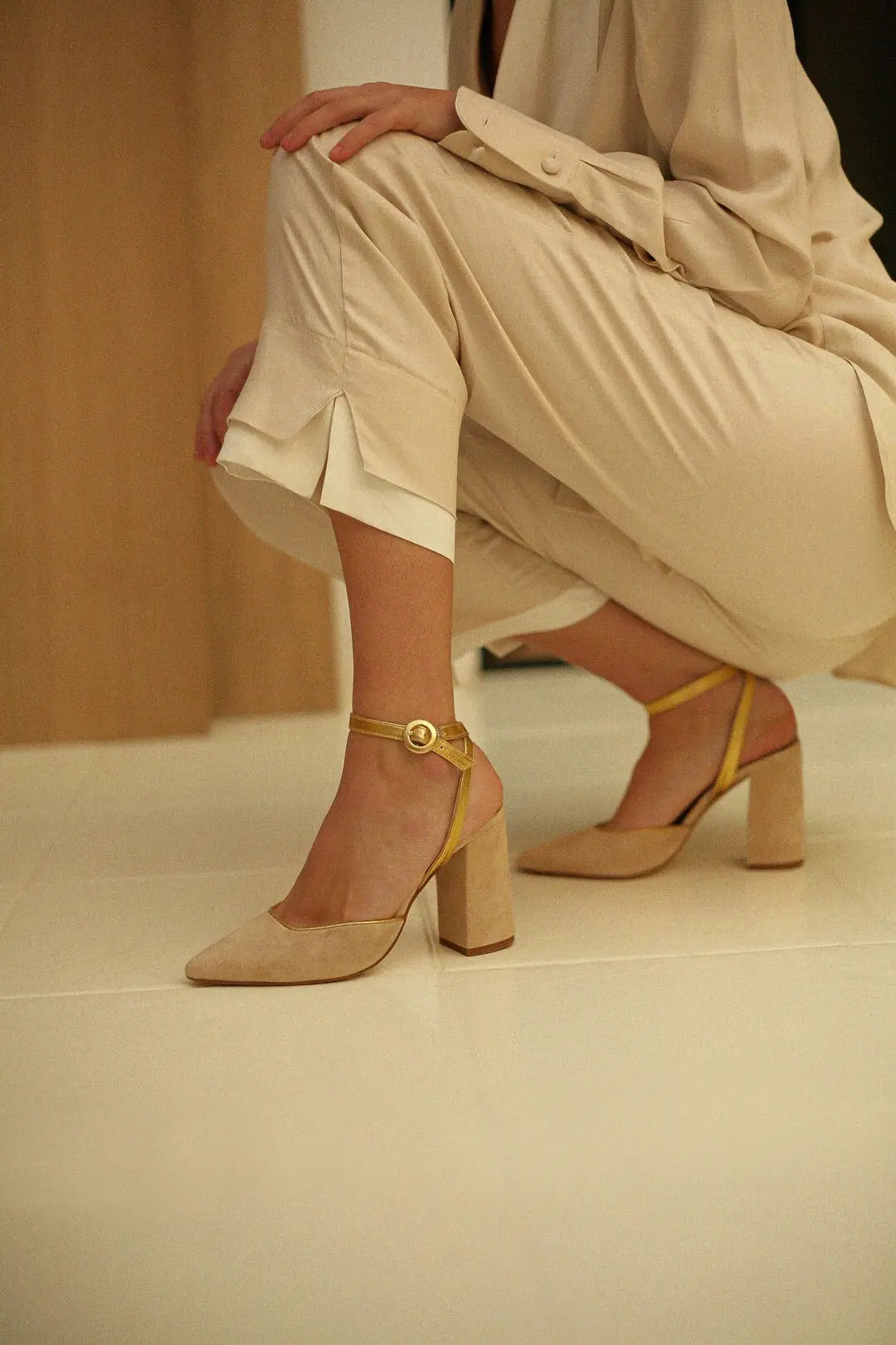 Beige Velvet Block Heel Bridal Heels VOWALISSE bridal shoes – view 2