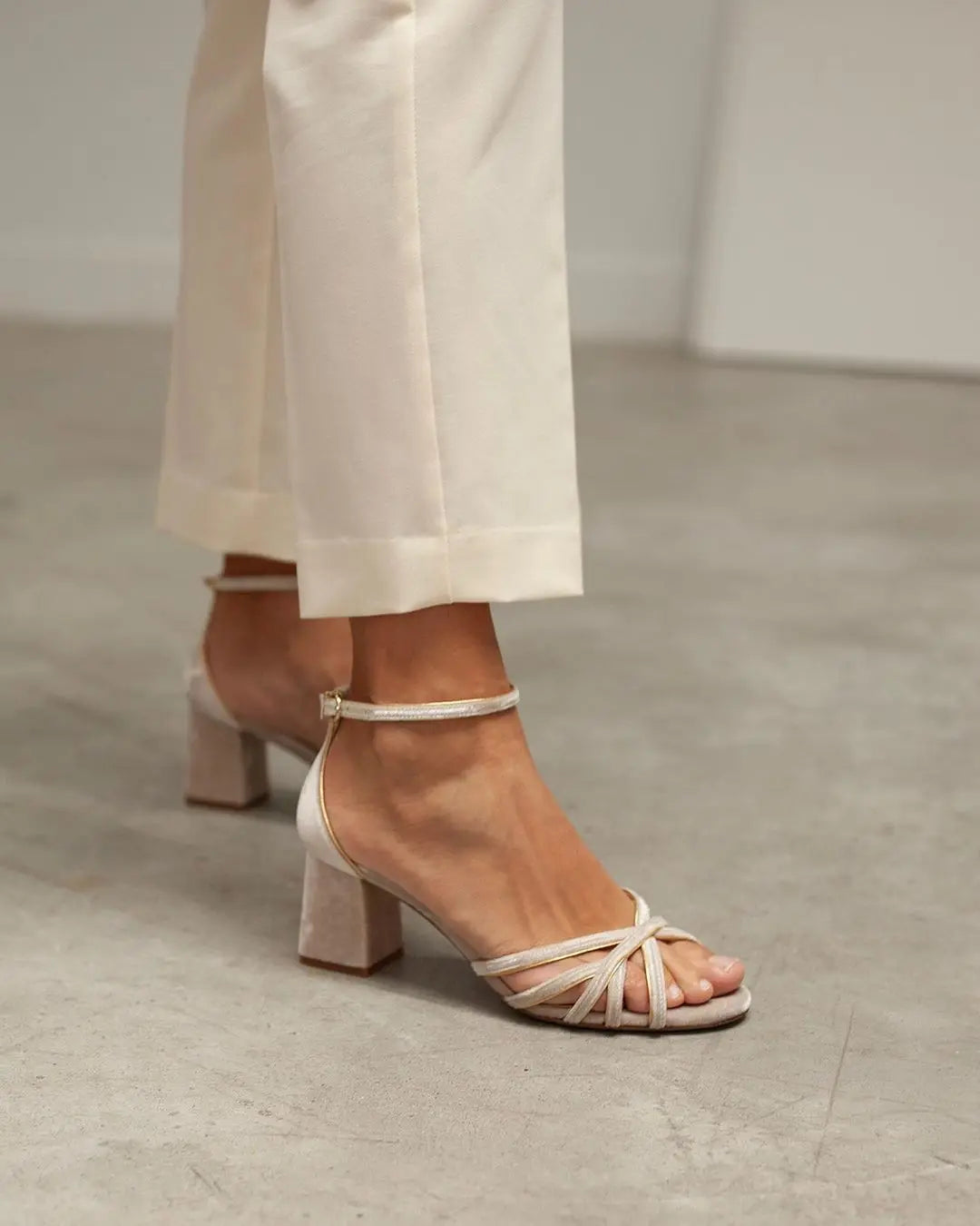 Beige Velvet Block Heel Bridal Heels VOWALISSE bridal shoes – view 6