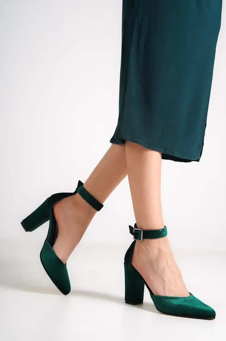 Dark Green Velvet Block Heel Bridal Heels VOWALISSE bridal shoes – view 6