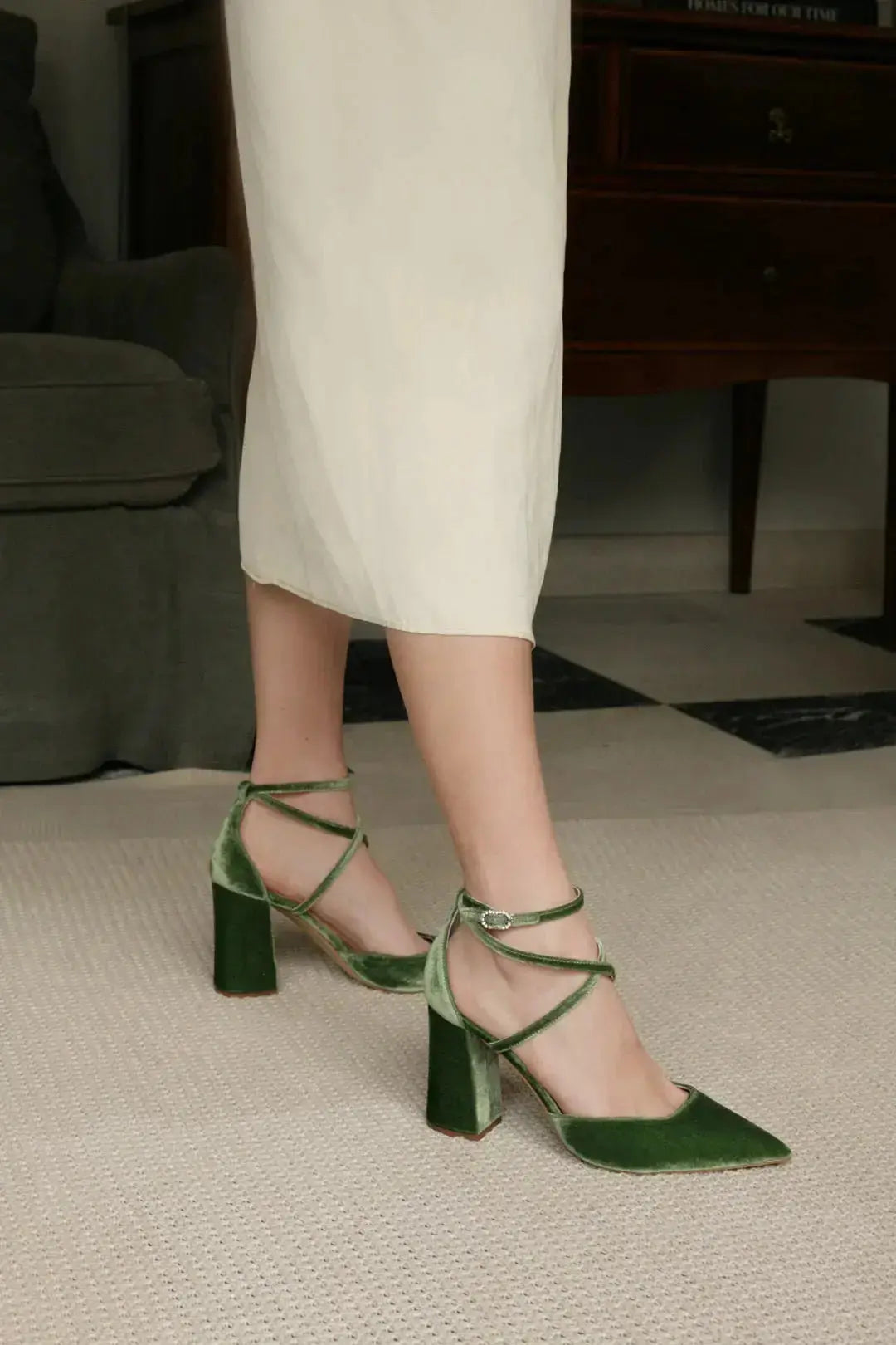 Emerald Green Velvet Block Heel Bridal Heels VOWALISSE bridal shoes – view 3