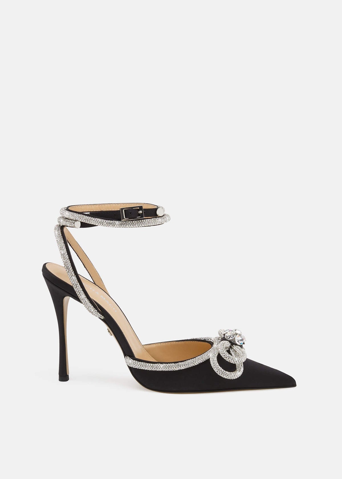 Gaia Black Double Bow Pumps – front three-quarter view showing double bow, crystal, satin, black, Vowalisse