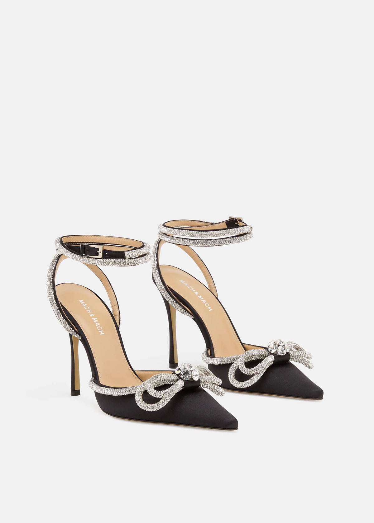 Gaia Black Double Bow Pumps – side profile showing double bow, crystal, satin, black, Vowalisse
