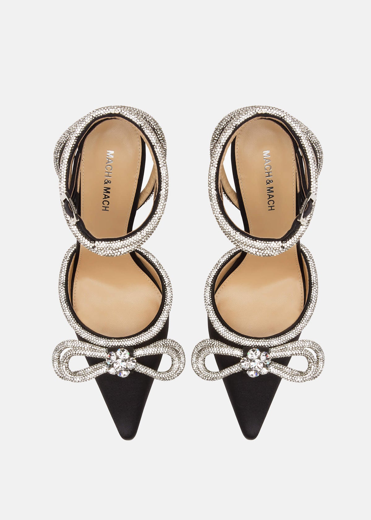 Gaia Black Double Bow Pumps – crystal detail view showing double bow, crystal, satin, black, Vowalisse
