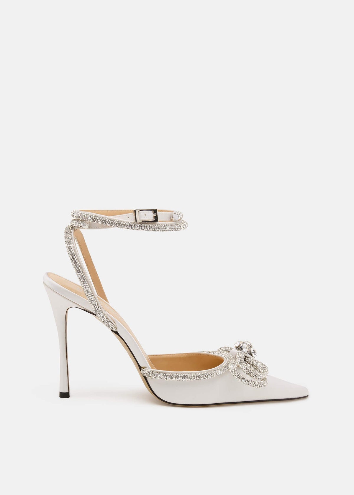 Freya White Double Bow Pumps – front three-quarter view showing double bow, crystal, satin, white, Vowalisse