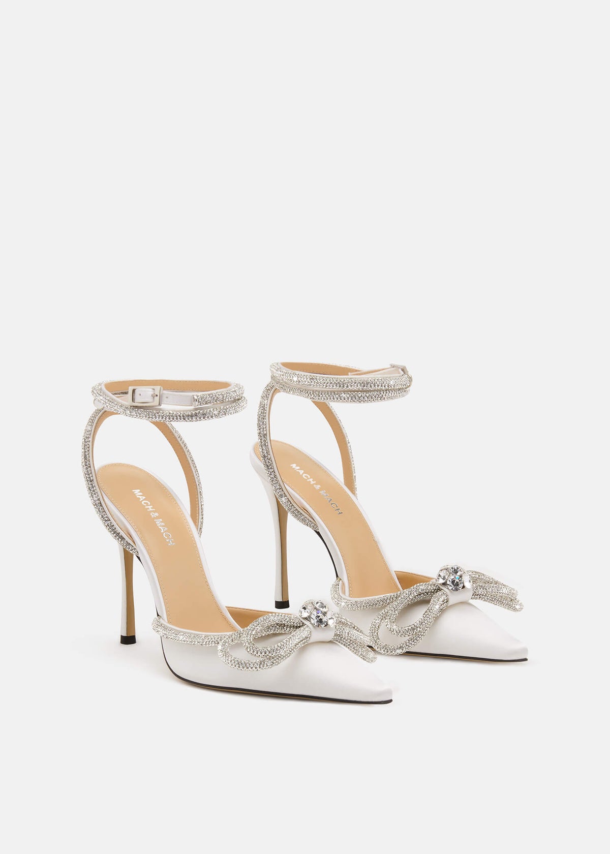 Freya White Double Bow Pumps – side profile showing double bow, crystal, satin, white, Vowalisse