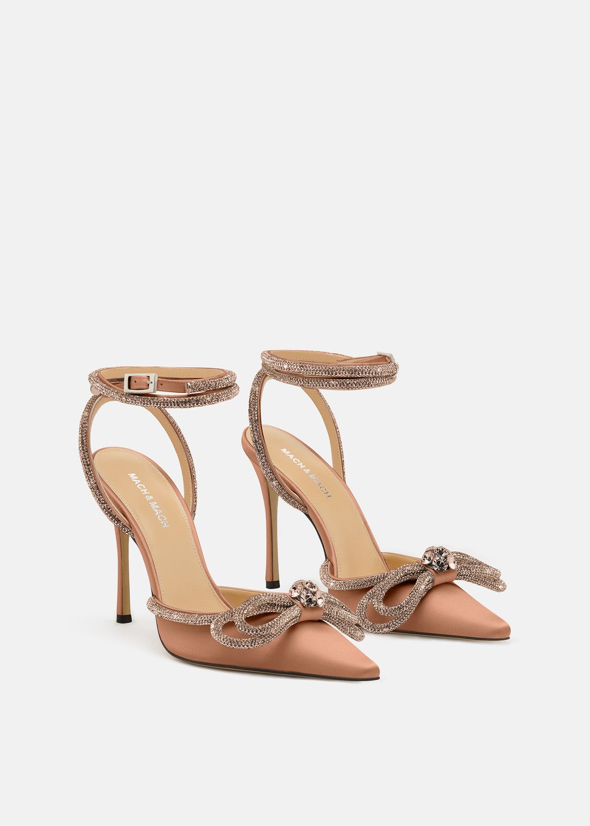 Magnolia Golden Brown Double Bow Shoes – side profile showing double bow, satin, gold, brown, Vowalisse