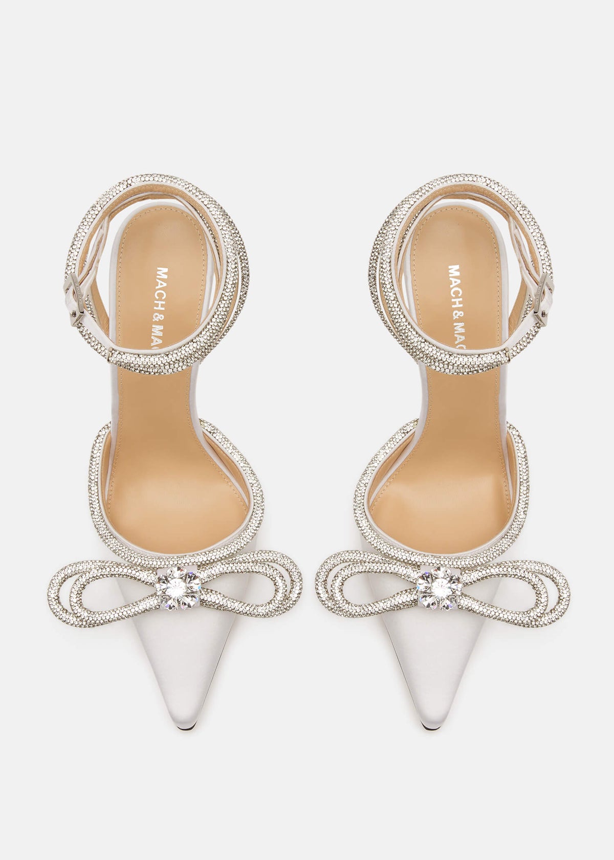 Freya White Double Bow Pumps – crystal detail view showing double bow, crystal, satin, white, Vowalisse