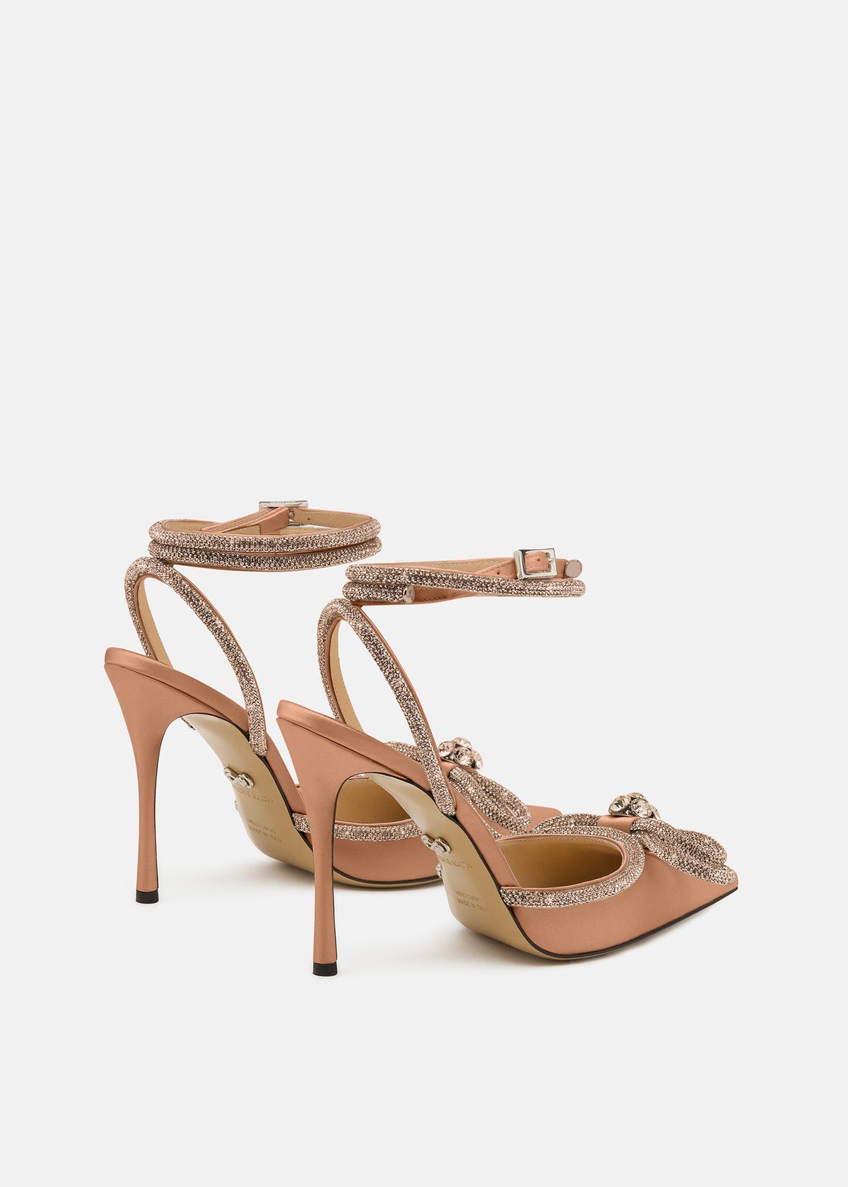 Magnolia Golden Brown Double Bow Shoes – heel view showing double bow, satin, gold, brown, Vowalisse