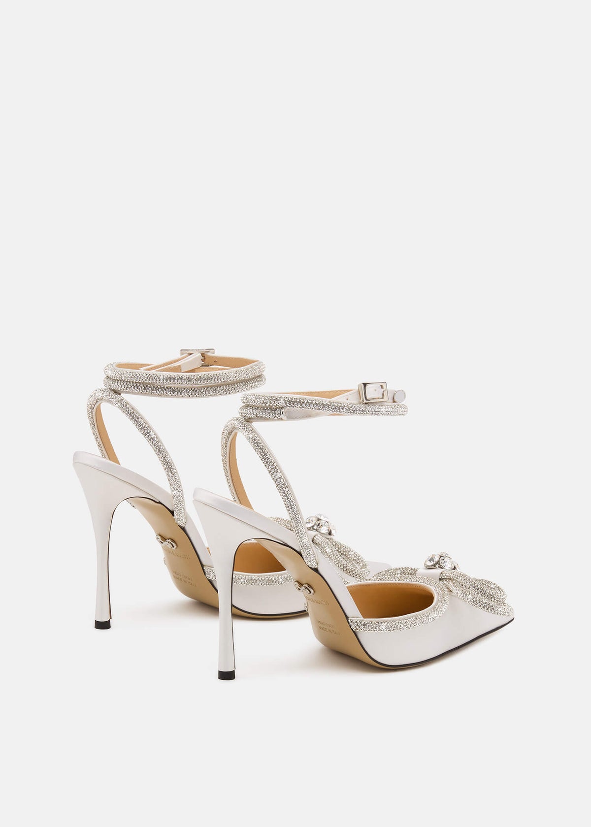Freya White Double Bow Pumps – heel view showing double bow, crystal, satin, white, Vowalisse