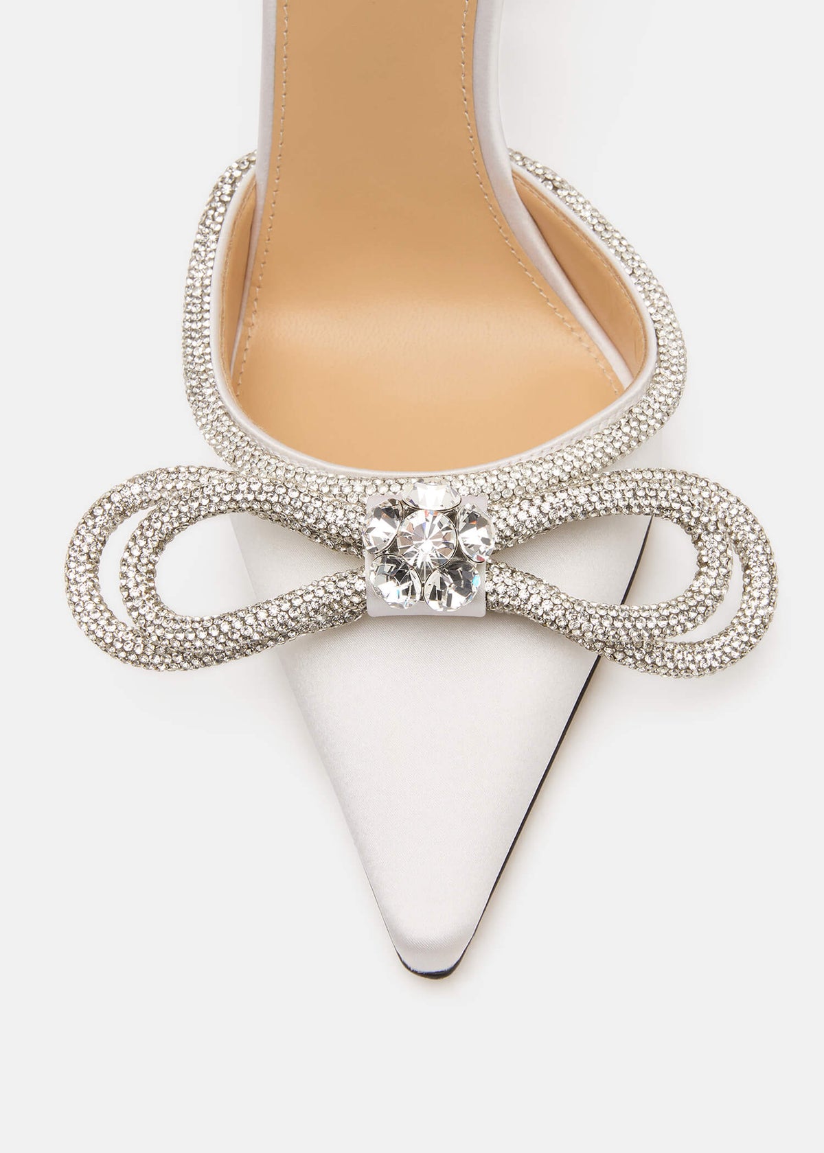 Freya White Double Bow Pumps – rear view showing double bow, crystal, satin, white, Vowalisse