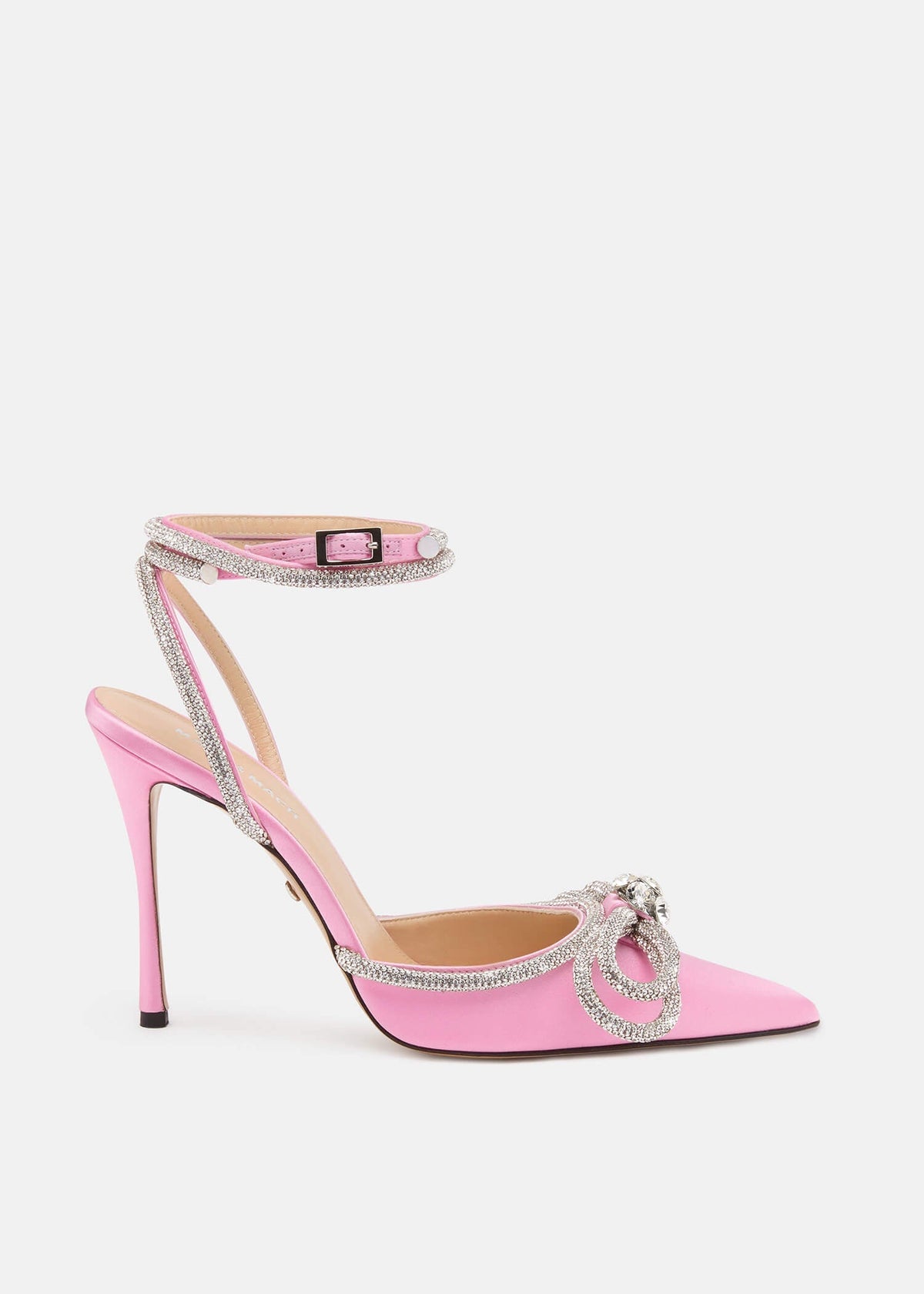 Elisa Pink Double Bow Pumps – front three-quarter view showing double bow, crystal, satin, pink, Vowalisse
